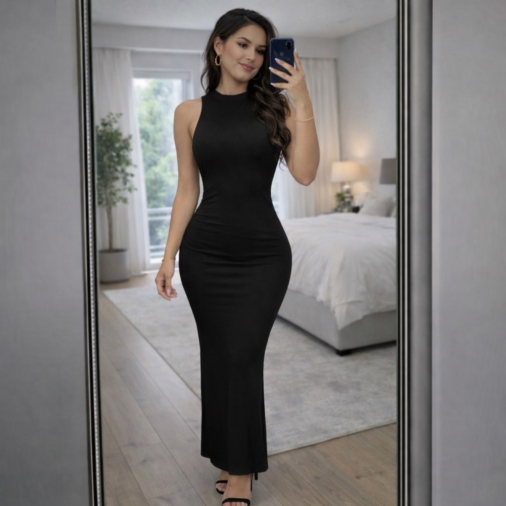 Black Sleeveless Mock Neck Maxi Dress Bodycon Chic